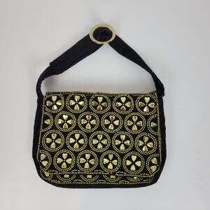 Vintage Retro Womens Bag Black Gold Beaded Studded Corduroy Purse Hong Kong